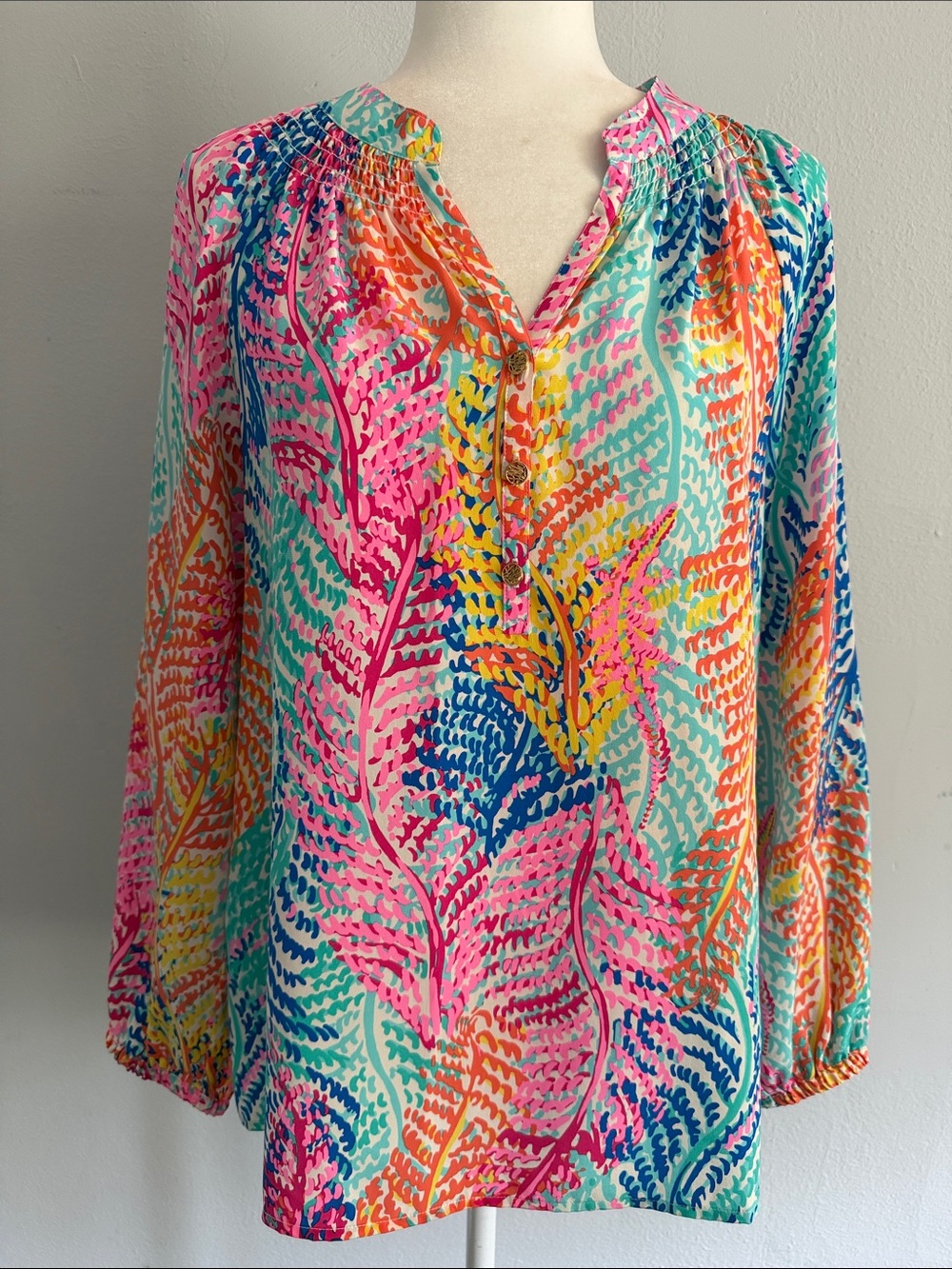 Lilly Pulitzer Elsa Silk Blouse Electric Feel Print Size M